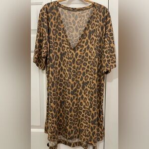 L&B Leopard Print V Neck Long Tunic Shirt/Beach Cover Up XL